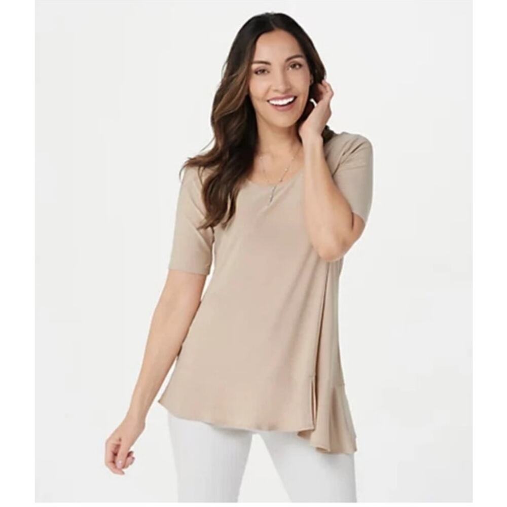 Dennis By Dennis Basso Light Sand Short Sleeve Asymmetrical Hem Stretch Blouse M